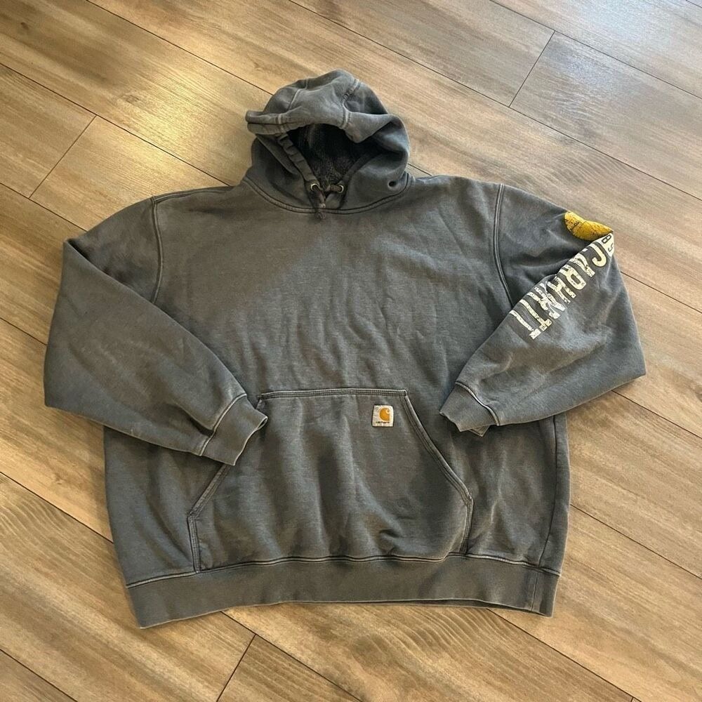 Carhartt Mens 2XL Gray Graphic Sleeve Pullover Hoodie Faded Workwear Sweatshirt
